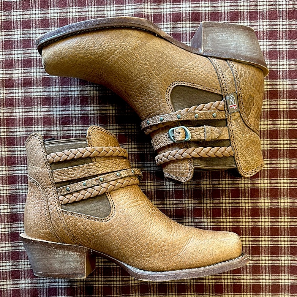Woman’s Justin Winona Tan Snake Skin Embossed Braided Ankle Boots